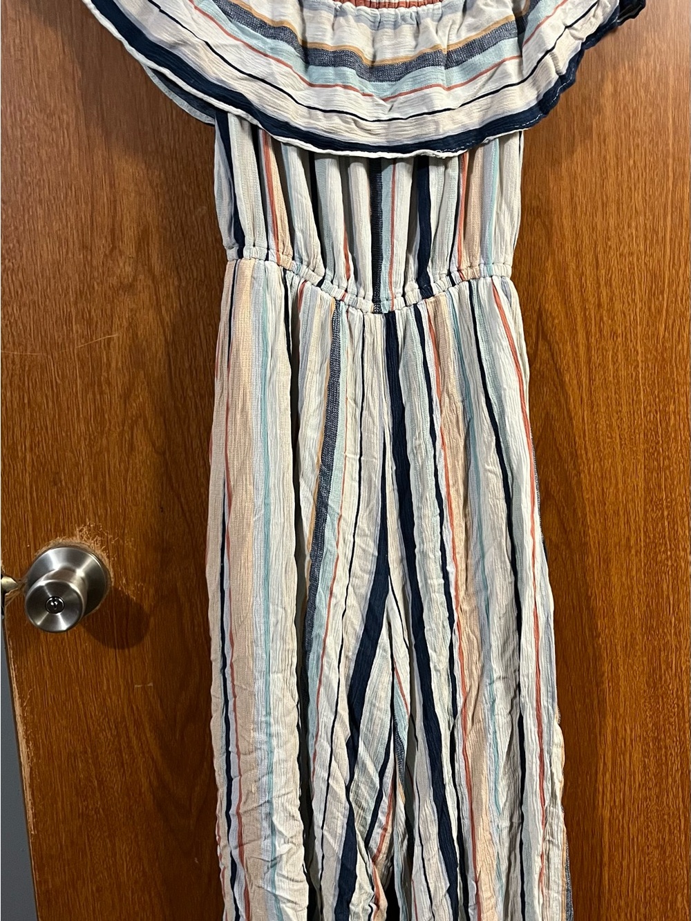 Wishful Park Striped Off-Shoulder Jumpsuit in Navy, Cream, Light Blue & Coral